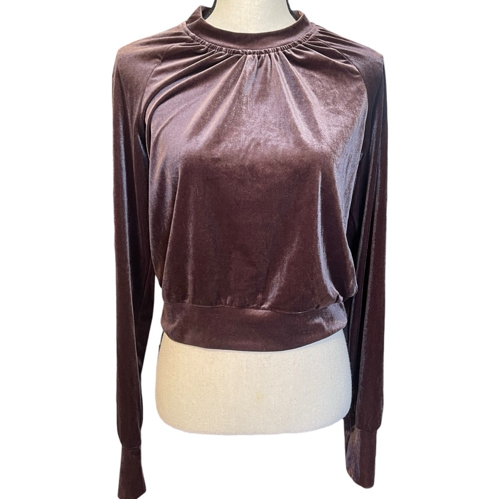 Cotton Candy LA Brown Velvet High Neck Long Sleeve Crop Top 90's Retro Women's S